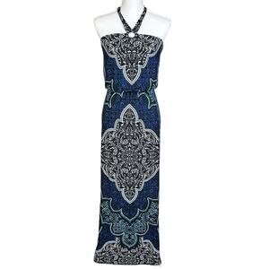 White House Black Market Halter Dress Size XXS Blue White Coastal Resort  Maxi